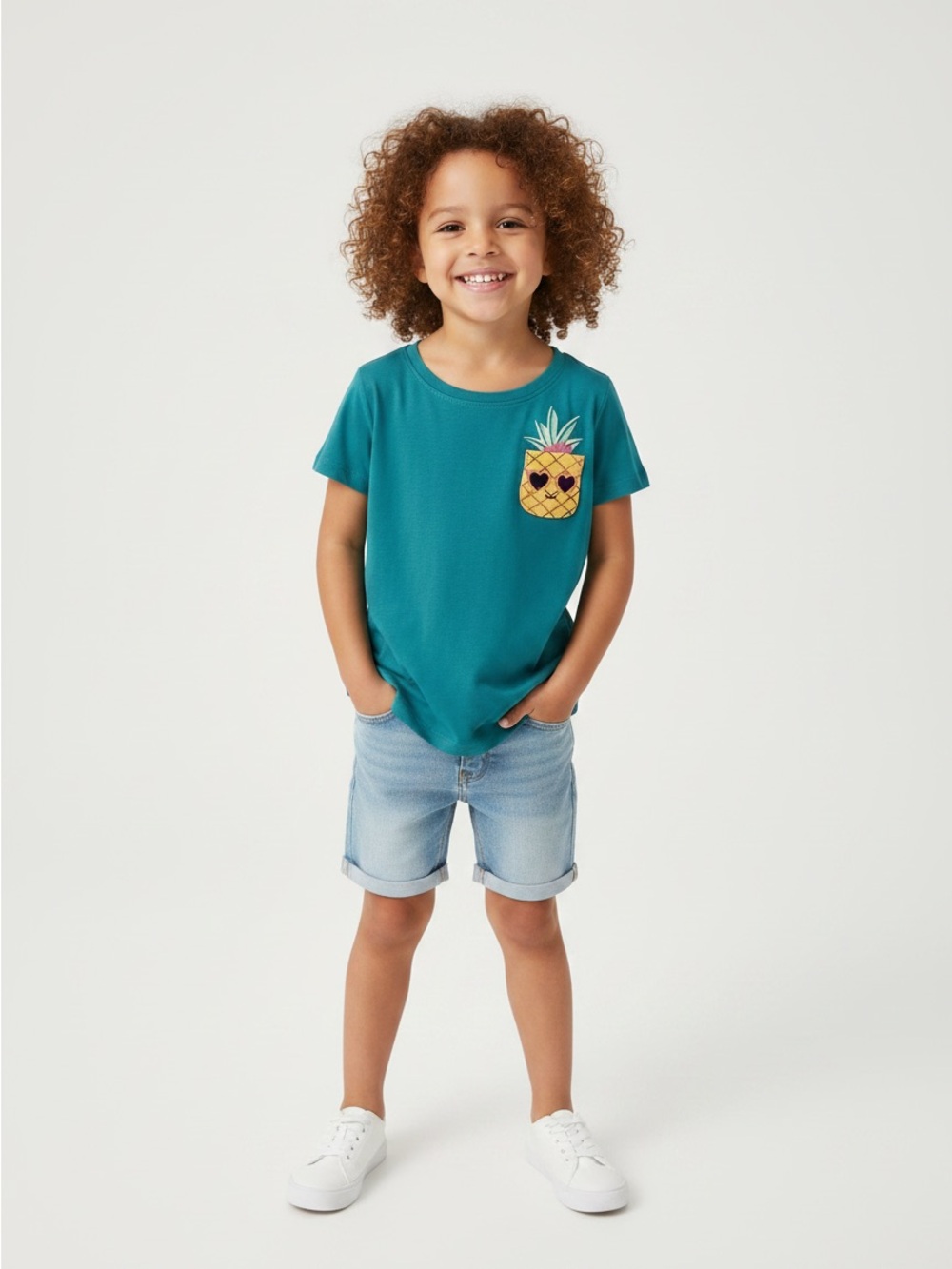 Kids Teal Pineapple Pocket Tee - Casual Short Sleeve Top